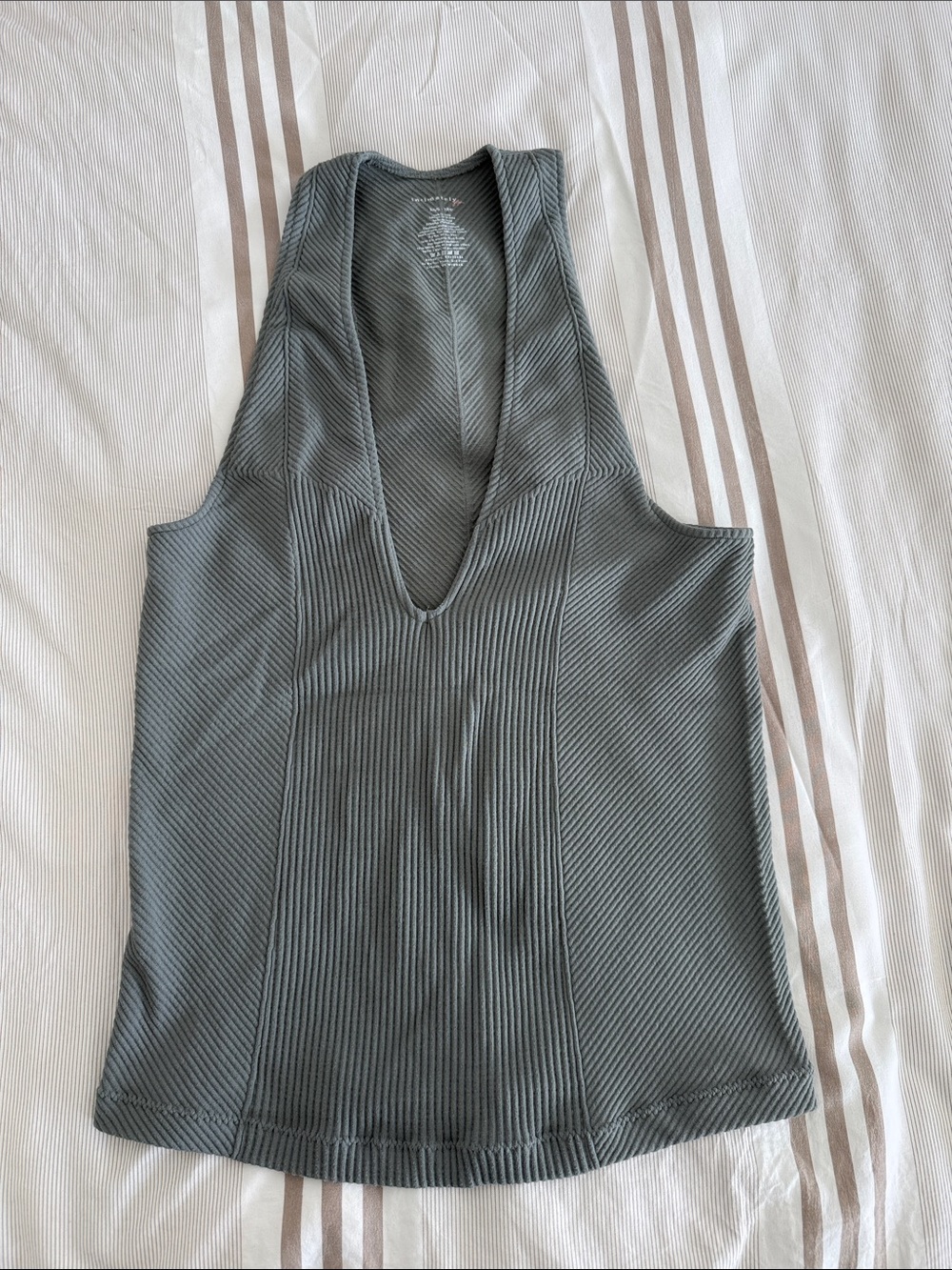 Free People Ribbed Deep V Neck Halter Tank Top in Sage Green Gray